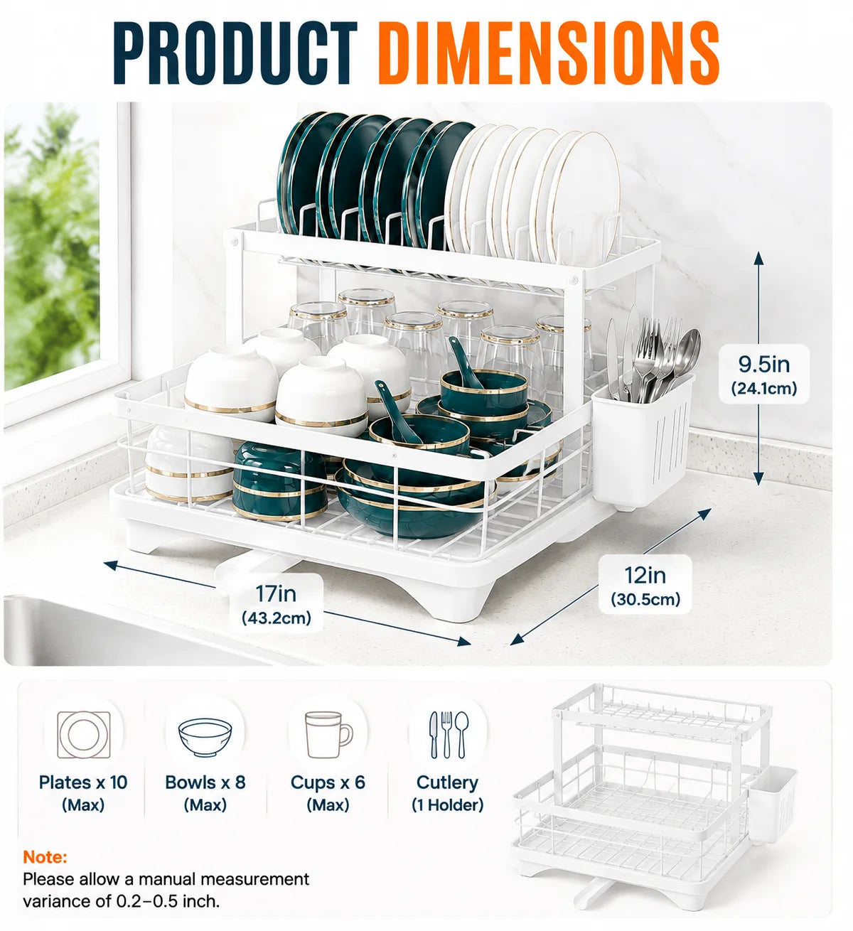 1-Tier White Kitchen Dish Rack – Space-Saving Countertop Organizer with Drain Tray & Utensil Holder