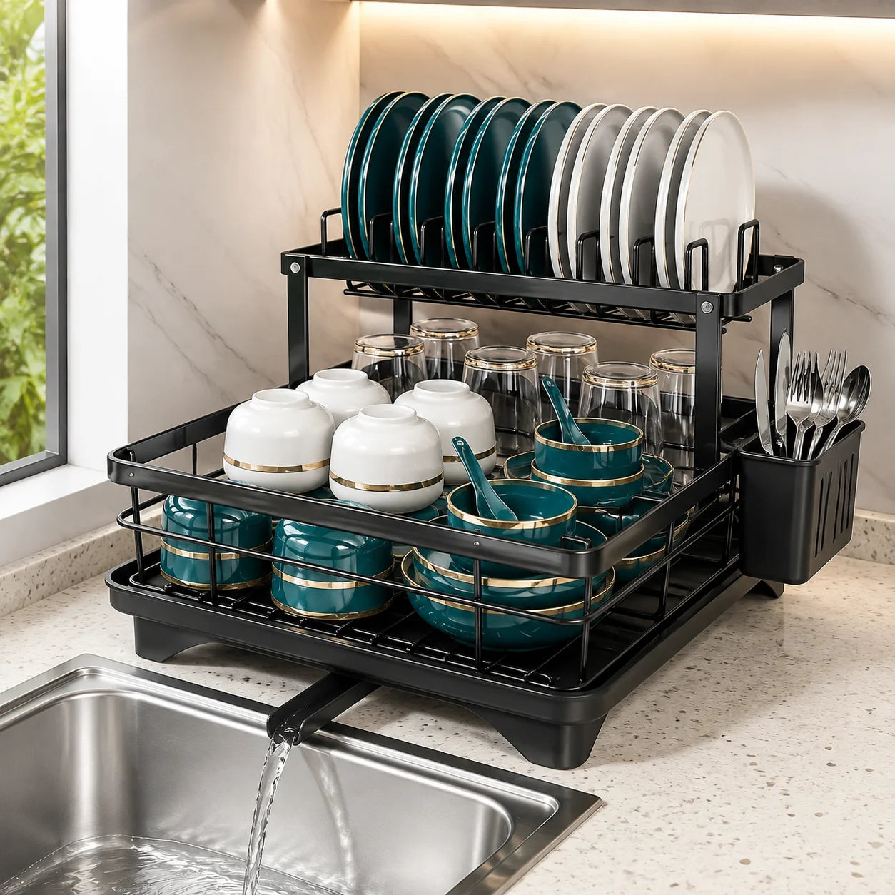 1-Tier White Kitchen Dish Rack – Space-Saving Countertop Organizer with Drain Tray & Utensil Holder