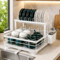 1-Tier White Kitchen Dish Rack – Space-Saving Countertop Organizer with Drain Tray & Utensil Holder