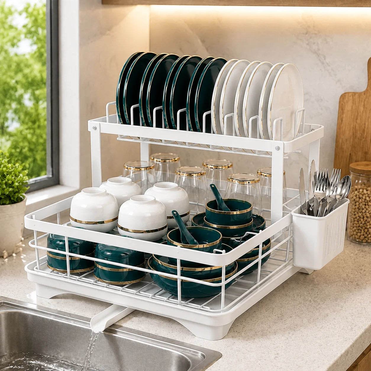 1-Tier White Kitchen Dish Rack – Space-Saving Countertop Organizer with Drain Tray & Utensil Holder