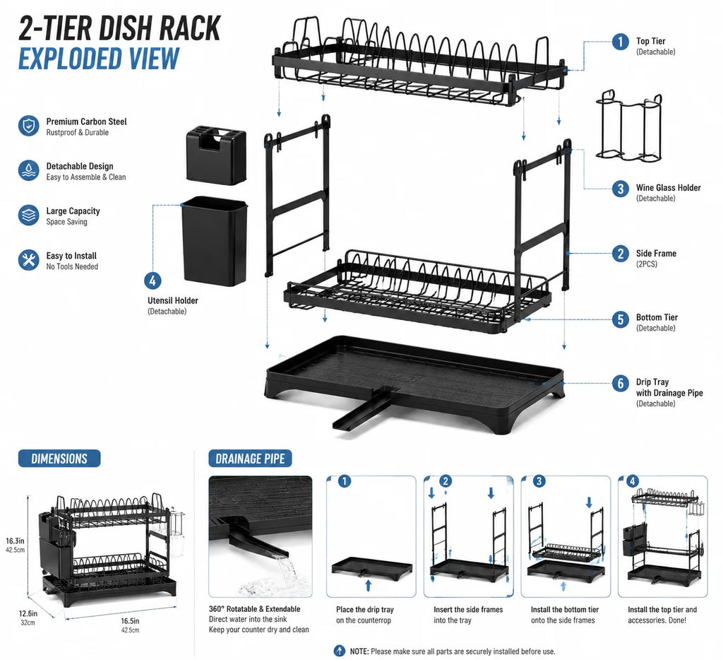 Countertop 2 Tier Black Dish Rack