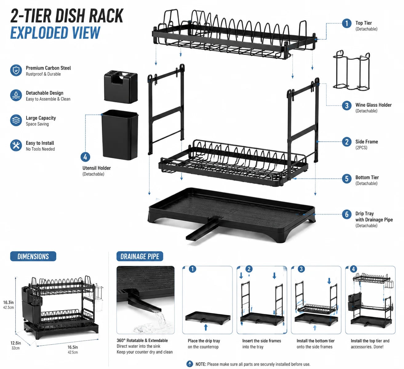 Countertop 2 Tier Black Dish Rack