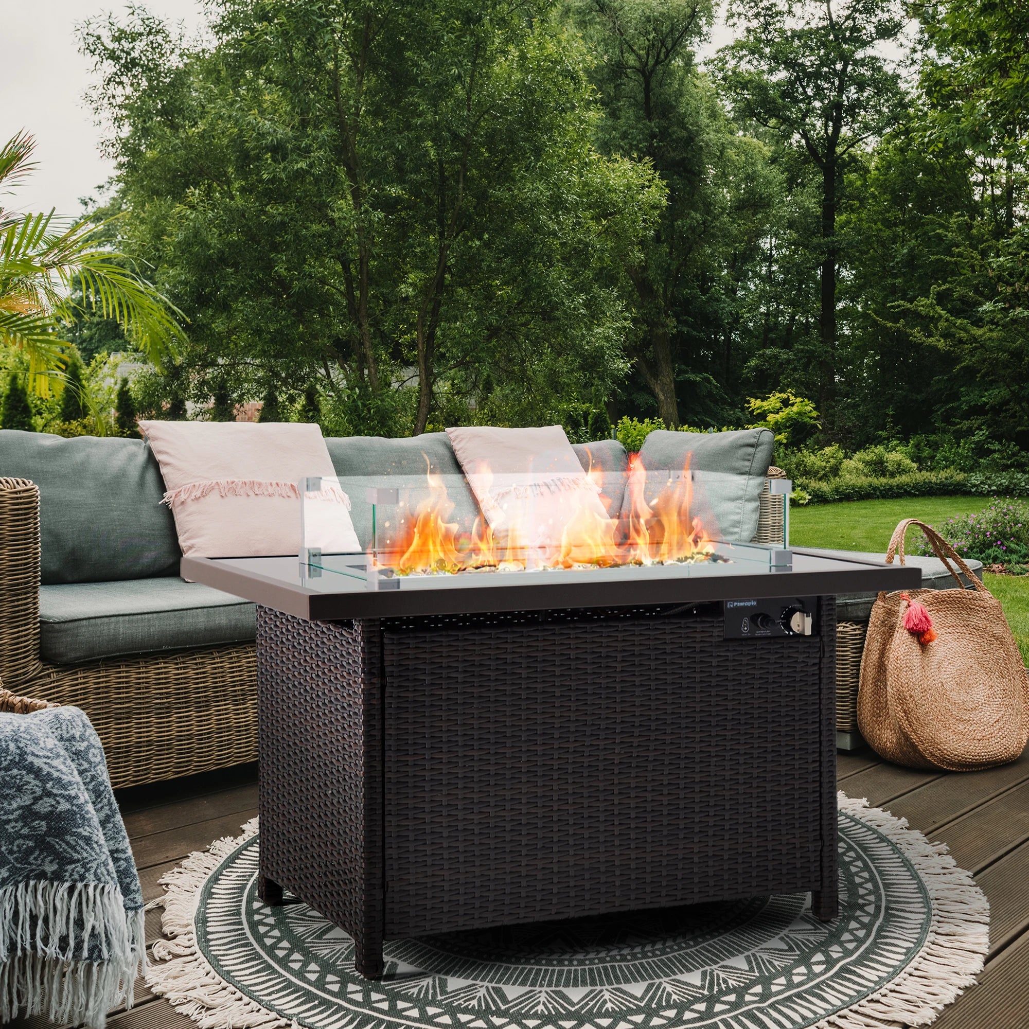PAMAPIC  Auto-Ignition Outdoor Fire Pit Table with Glass Wind Guard 41 Inch Outdoor Table for Patio