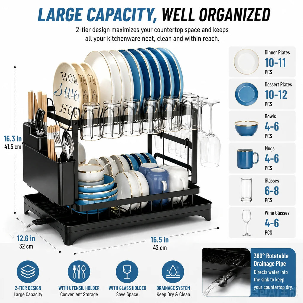 Countertop 2 Tier Black Dish Rack