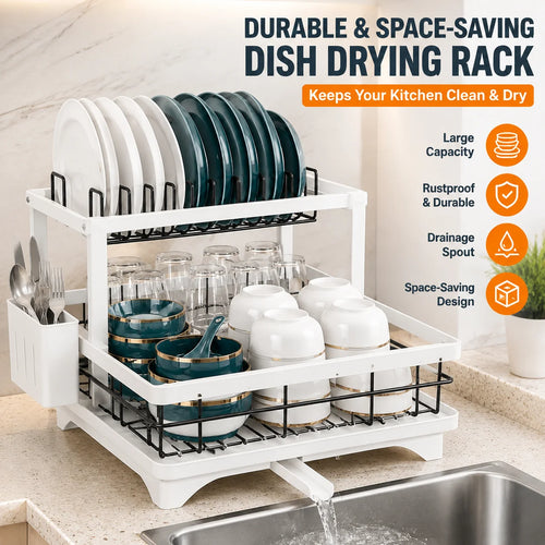 1-Tier White Kitchen Dish Rack – Space-Saving Countertop Organizer with Drain Tray & Utensil Holder