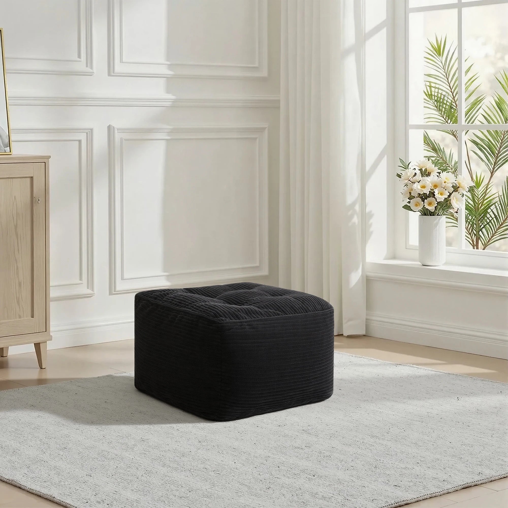 Black Corduroy Square Ottoman