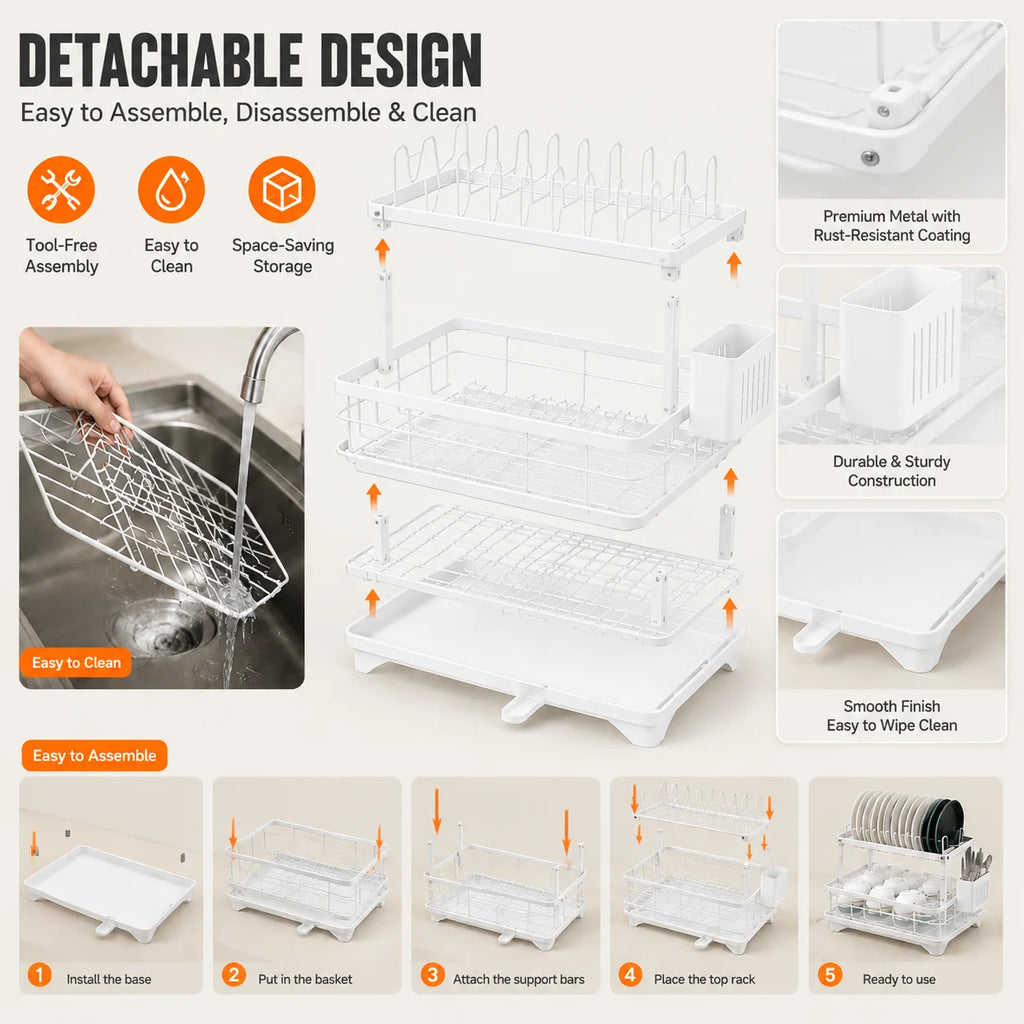 1-Tier White Kitchen Dish Rack – Space-Saving Countertop Organizer with Drain Tray & Utensil Holder