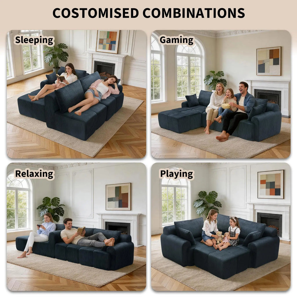 118'' Corduroy Modular Sofa, Deep Seat Compression Couch With Memory Foam