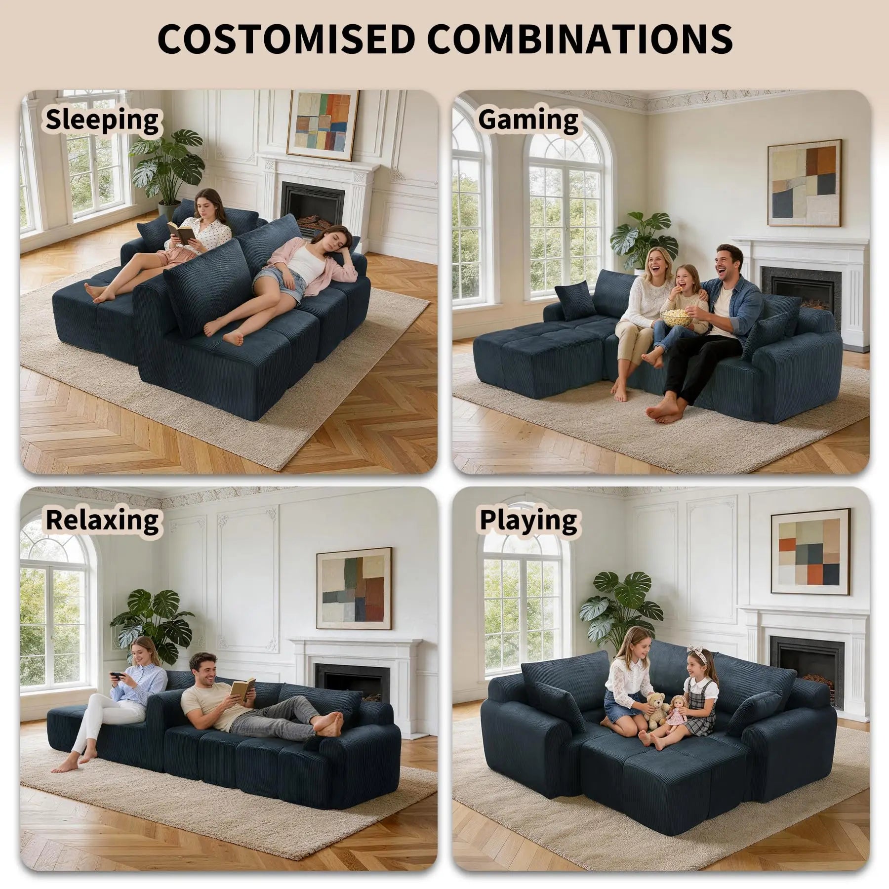 118'' Corduroy Modular Sofa, Deep Seat Compression Couch With Memory Foam