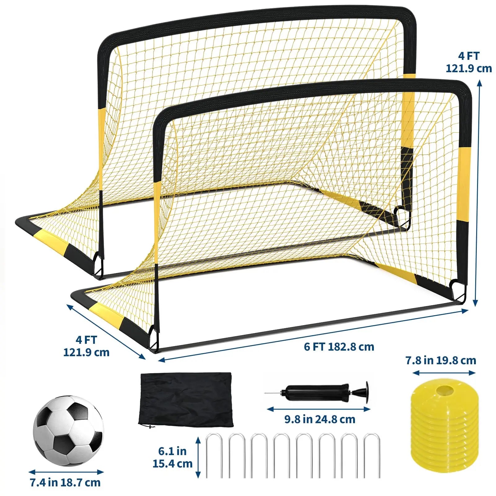 Pop Up Soccer Goal Set of 2 Backyard Net Portable with Ball Cones and Pump