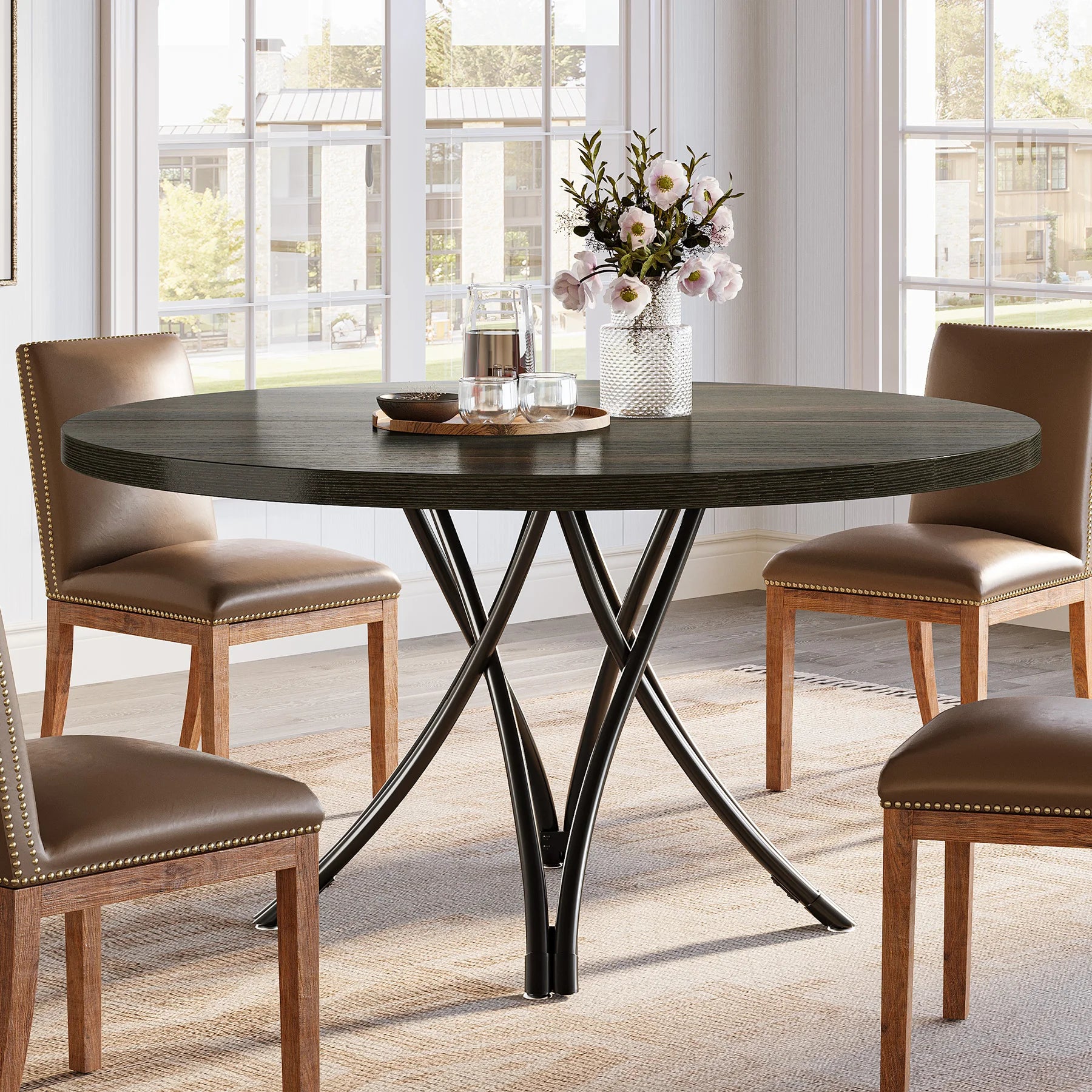 Tribesigns Large Round Wooden Dining Table with Artistic Based Legs for 4-6 People