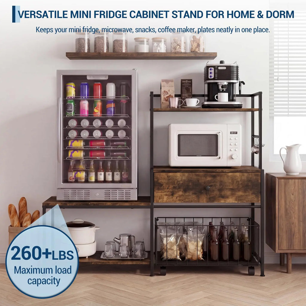 260 lb. L-Shaped Utility Bakers Rack with Mini Fridge Space, 5-Tier Microwave Stand and Coffee Station
