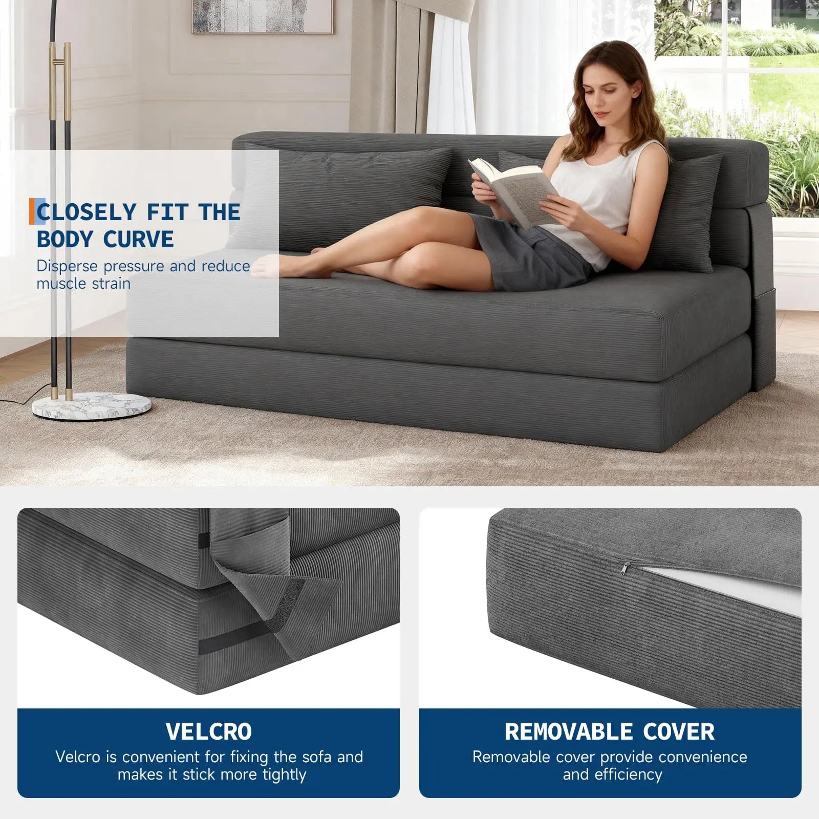 4-in-1 Folding Corduroy Sofa Bed with Pillow