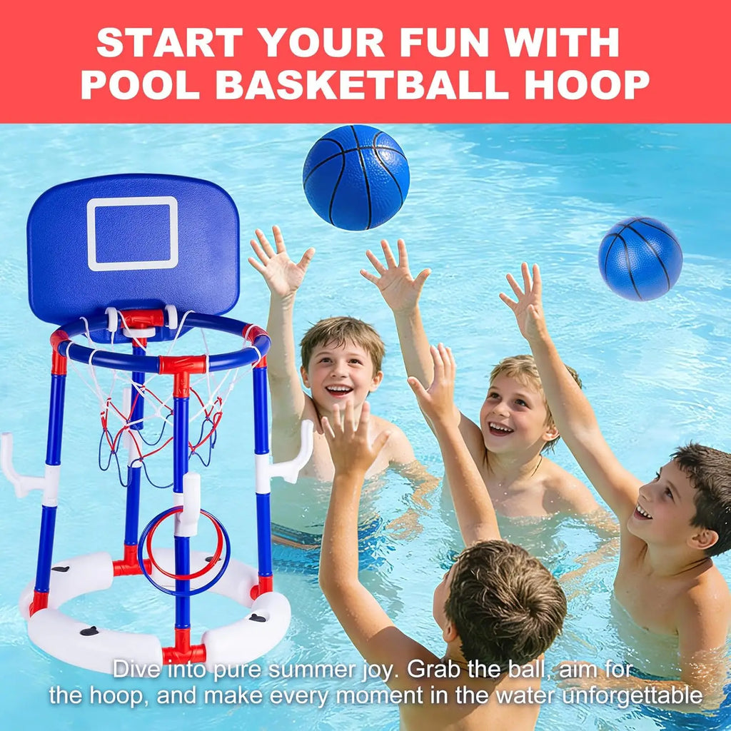 Floating Pool Basketball Hoop Set 2-in-1 Pool Game with Backboard & Ring Toss, Stable Anti-Tip Base, 2 Balls, Rings & Pump