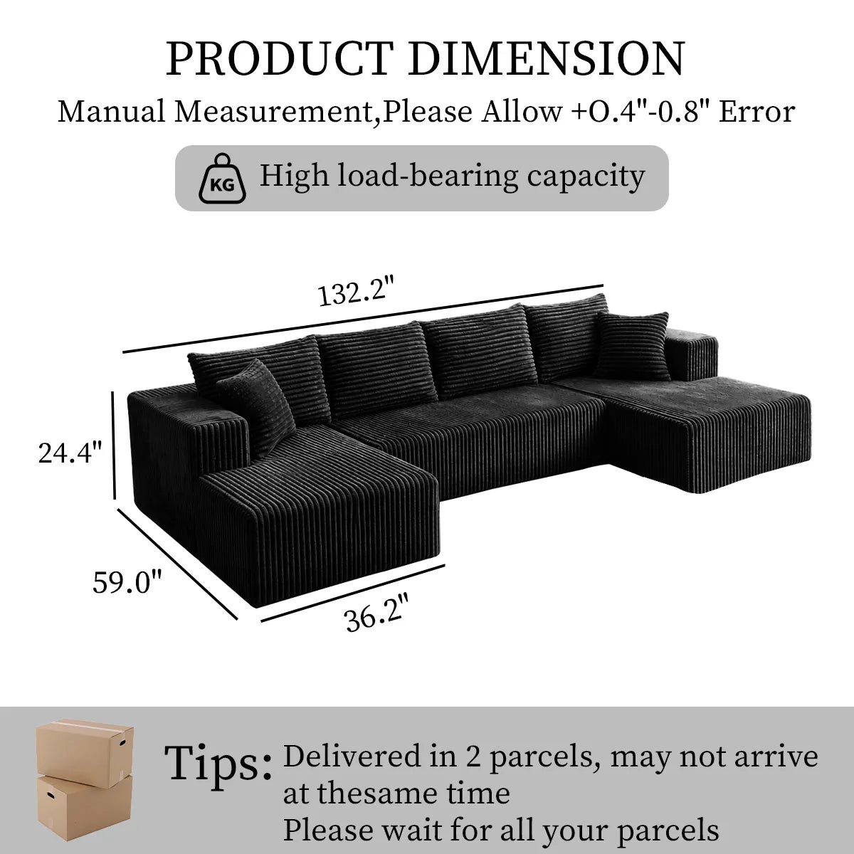132in Modular U-Shaped Sectional Sofa with Double Chaise Lounges, 8-Piece Corduroy Oversized Pit Couch, Seats 6