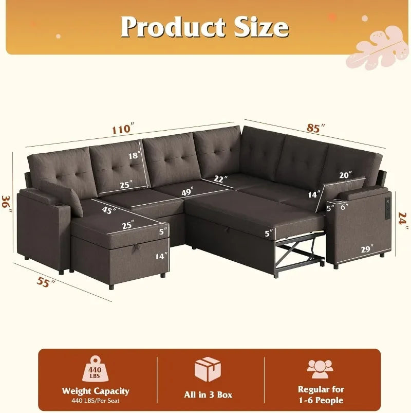 WLIVE 110'' U Shape Sectional 7 Seat Sleeper Sofa with Storage Chaise and Pillows,