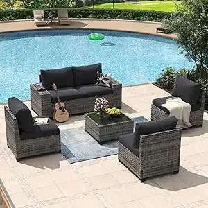 8 Piece Wicker Ratton Outdoor Sectional Patio Furniture Set with 44” Fire Pit Table