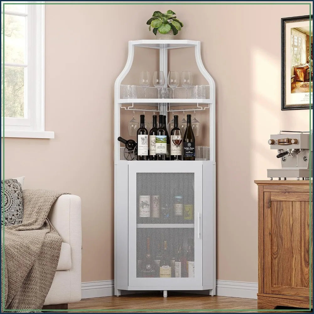 5-Tier Corner Wine Cabinet with Glass Holder, White