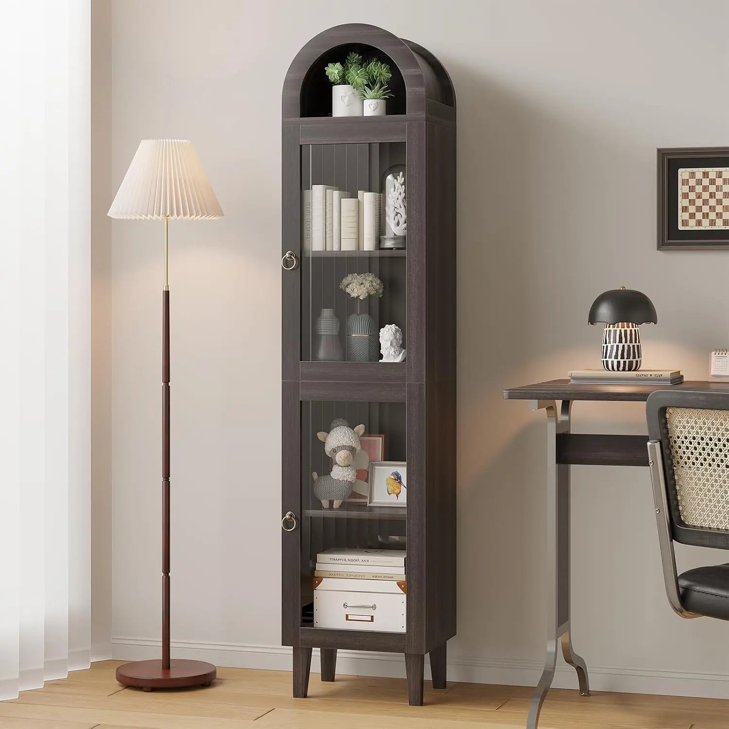 71" Tall Arched Cabinet with Acrylic Door, Modern Curio Arched Bookcase with Drawer, Display Cabinet Organizer