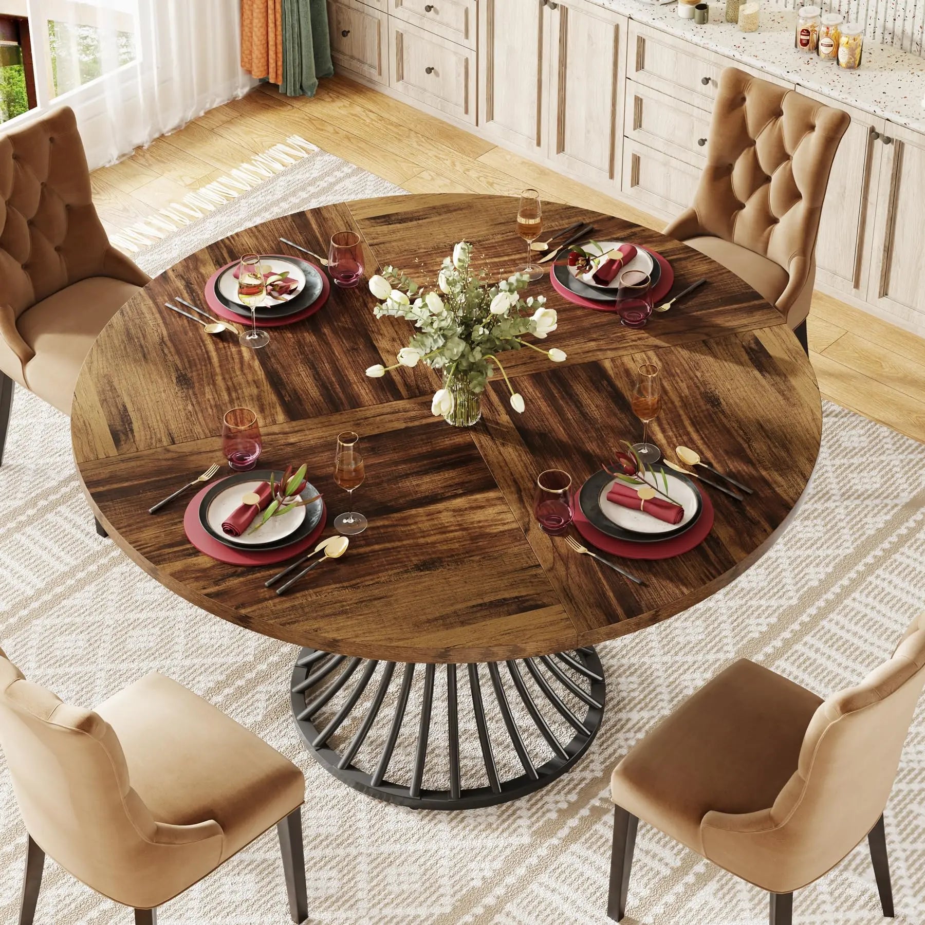 Tribesigns 47" Wooden Round Dining Table with Metal Base for 4-6 People