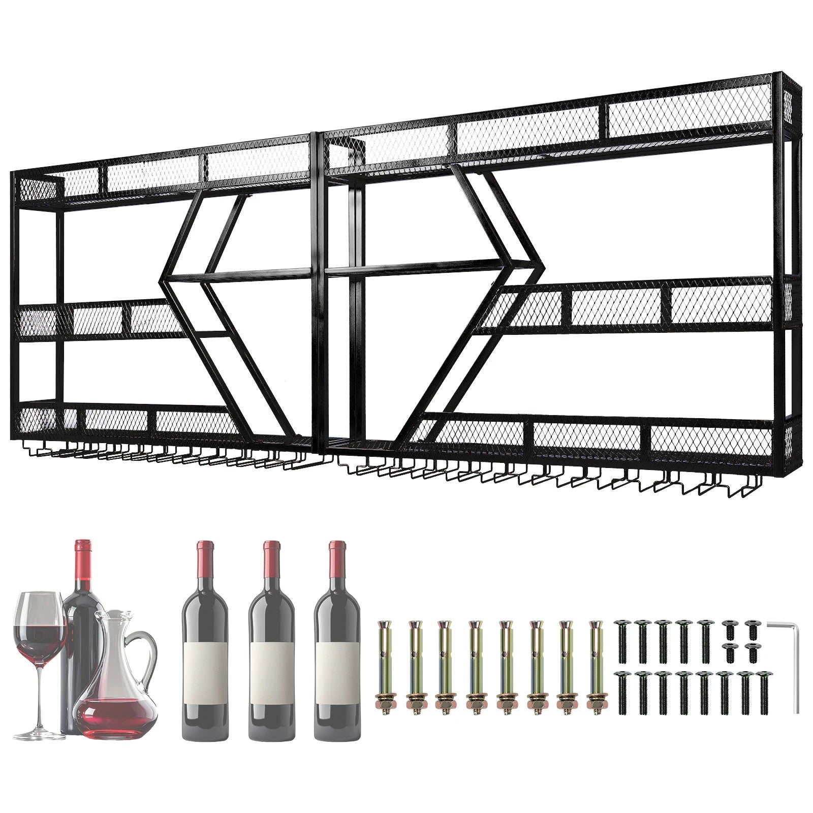 3/4 Tier Wall Mounted Wine Storage Display with Glass Holder