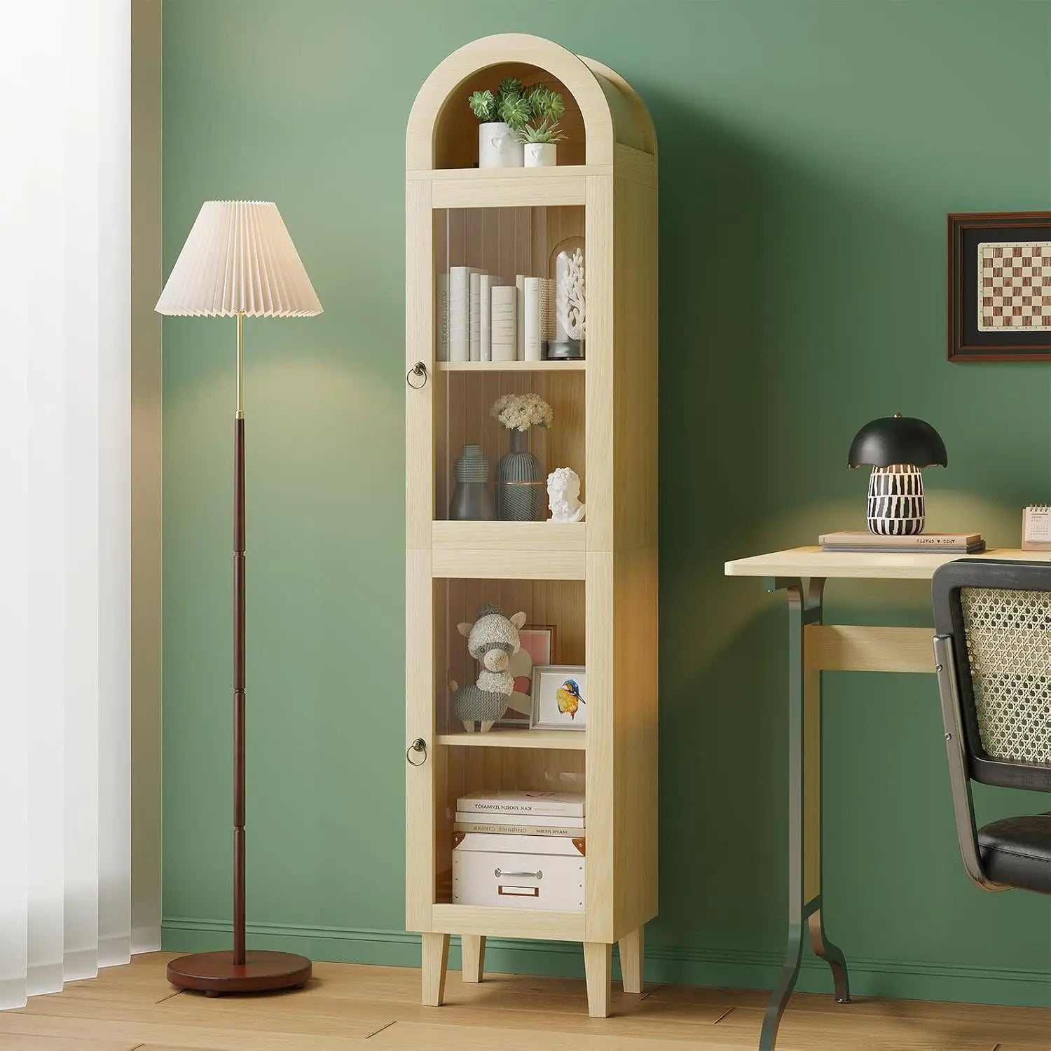 71" Tall Arched Cabinet with Acrylic Door, Modern Curio Arched Bookcase with Drawer, Display Cabinet Organizer