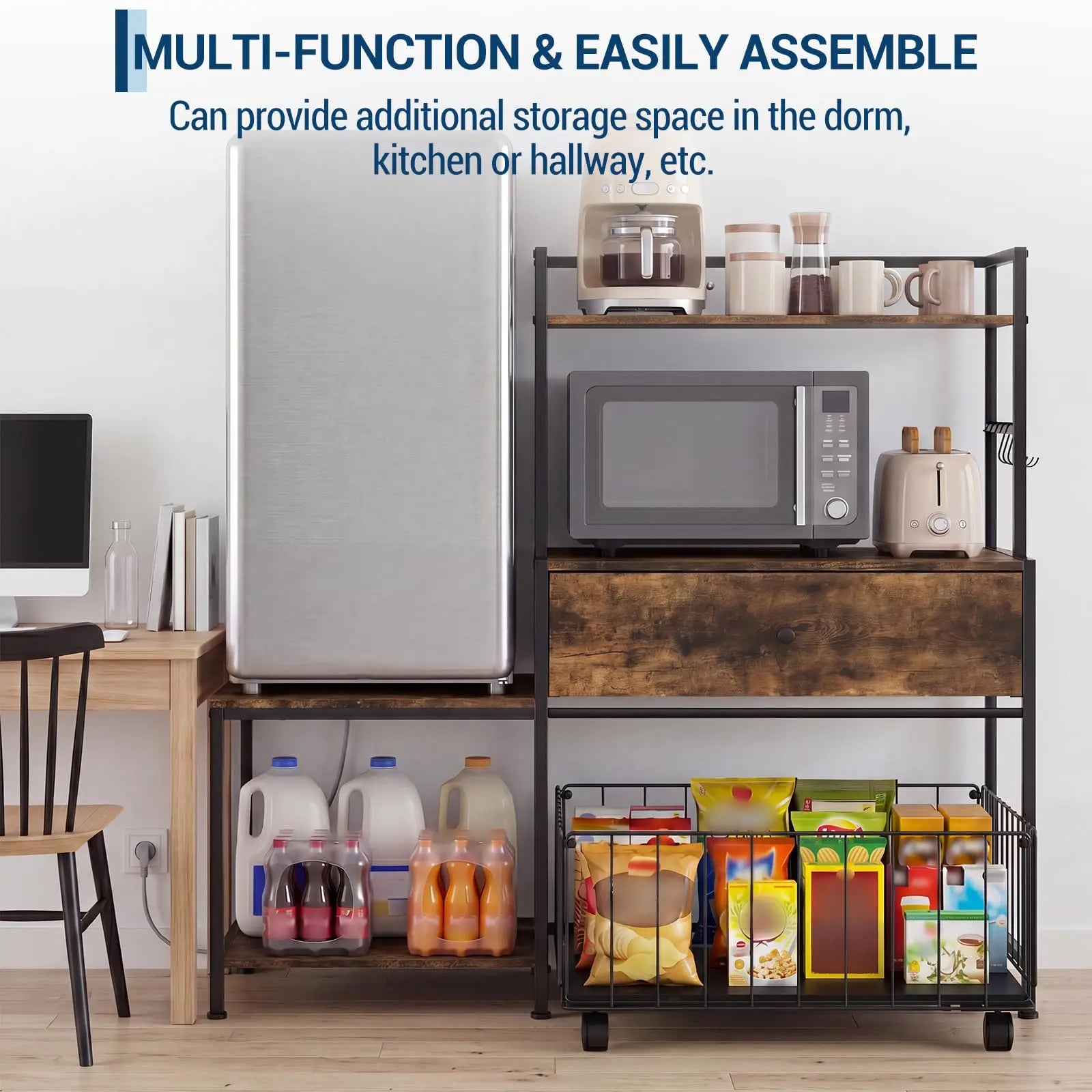 260 lb. L-Shaped Utility Bakers Rack with Mini Fridge Space, 5-Tier Microwave Stand and Coffee Station