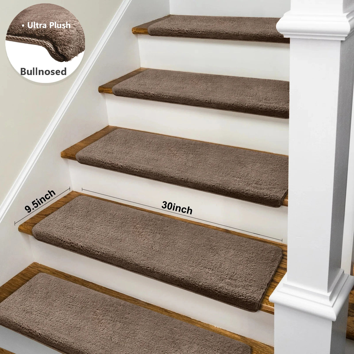 Bullnose Self-Adhesive Mats Non-Slip Stair Treads Ultra Plush Washable Decor