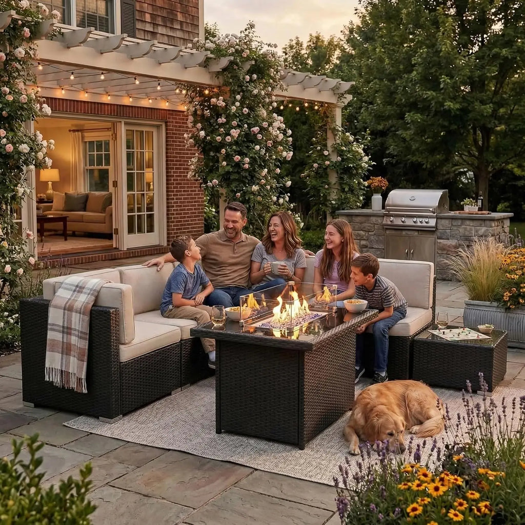 8 Pieces Outdoor Sectional Wicker Patio Furniture Set with 44" Propane Gas Fire Pit Table Customized