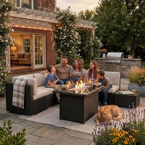 8 Pieces Outdoor Sectional Wicker Patio Furniture Set with 44" Propane Gas Fire Pit Table Customized