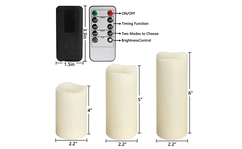 3pk Set of waterproof flameless LED Candles Battery Operated with Remote