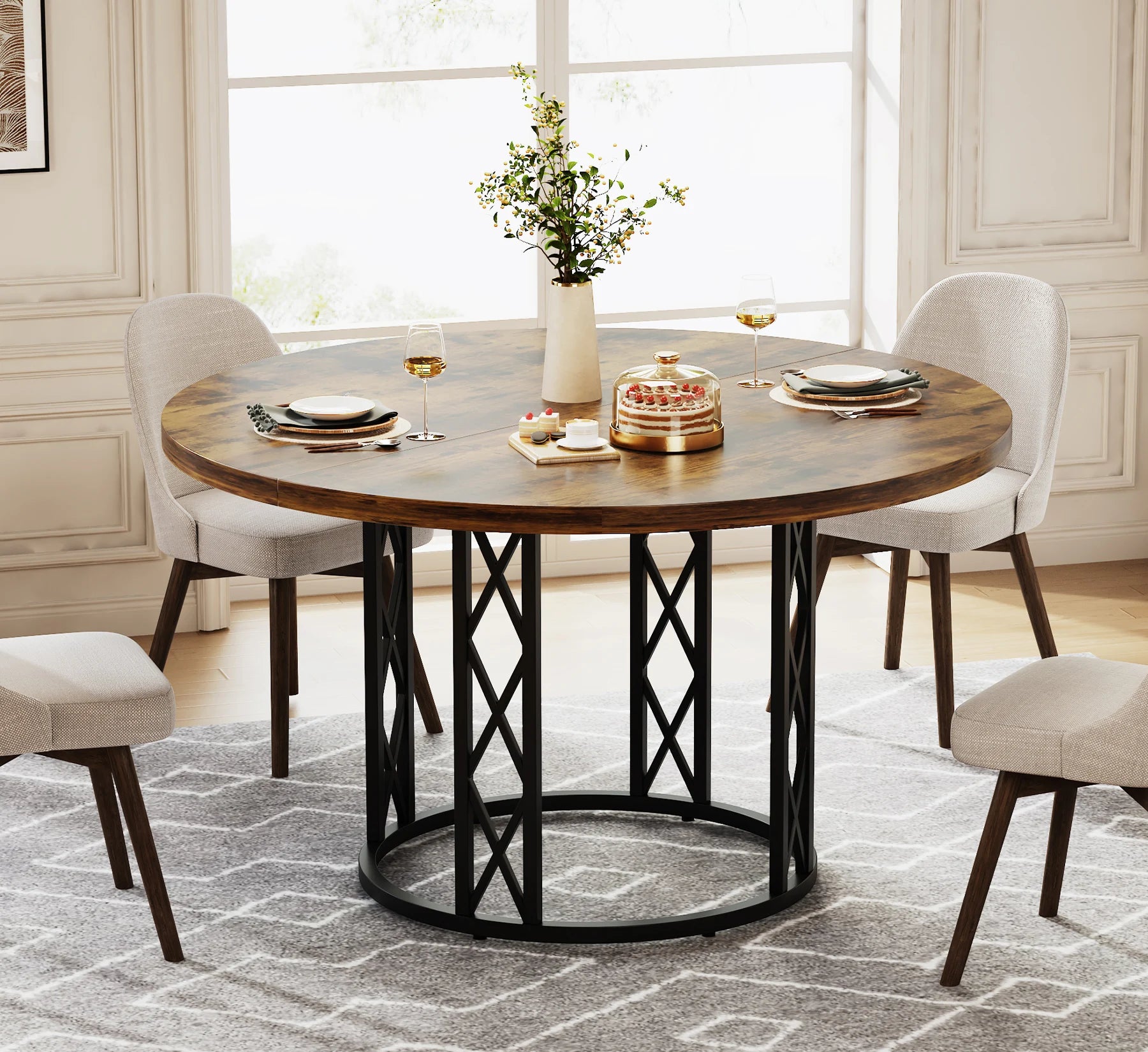 Tribesigns 47" Wooden Round Dining Table with Metal Base for 4-6 People