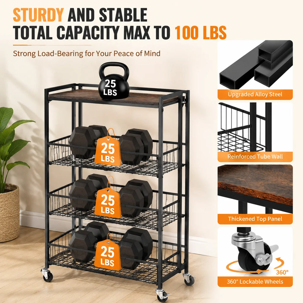 Large 4-Tier Foldable Storage Cart with Lockable Casters, 100 lbs. Capacity Expandable Kitchen Organizer