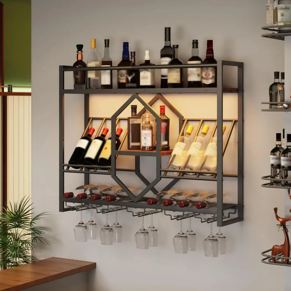Wall Mount 3-Tier Wine Rack with Stemware Holder, Remote LED Lights