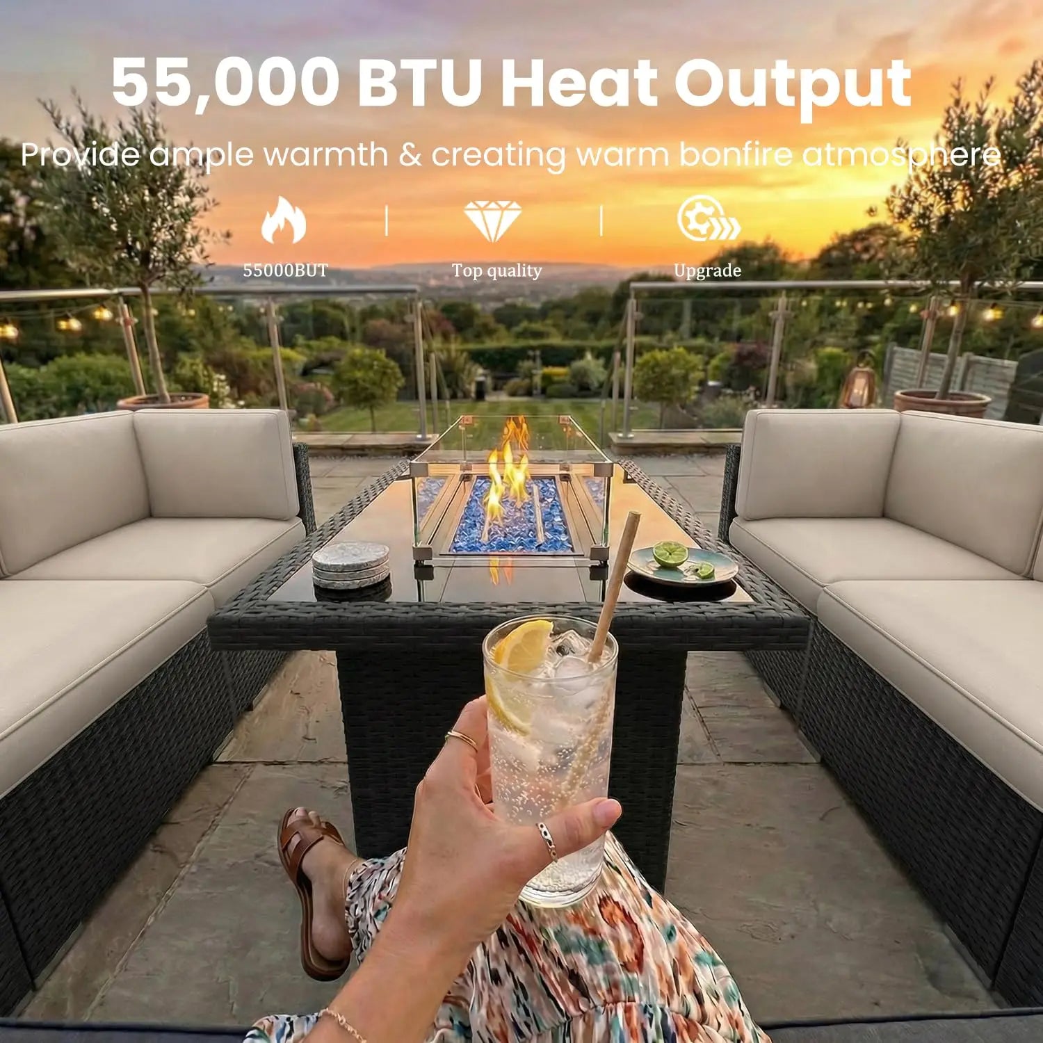 8 Pieces Outdoor Sectional Wicker Patio Furniture Set with 44" Propane Gas Fire Pit Table Customized