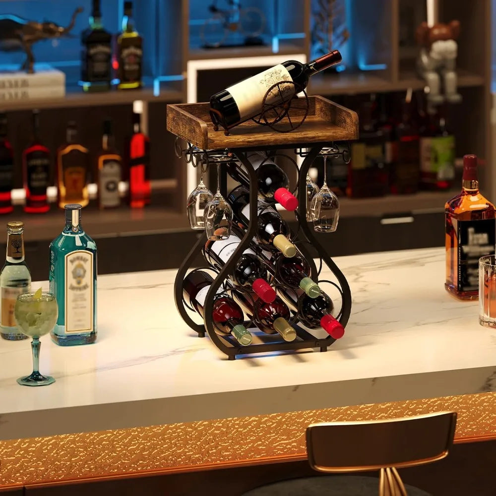 Rustic Wood Top 7 Bottles Wine Rack with Tabletop Surface 4 Glass Holder Storage