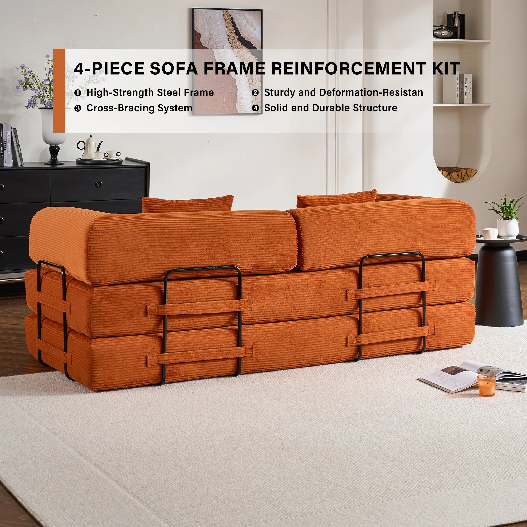 79" Corduroy Convertible Sleeper Couch with High Rebound Foam Folding Sofa Bed, Orange