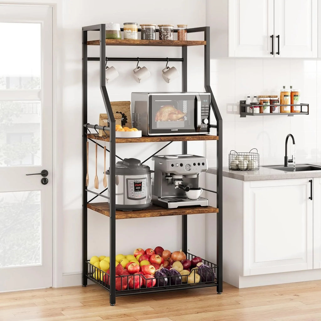 4 Tier Kitchen Bakers Rack, Microwave Stand, and Storage Shelf with Wire Basket 8 Hooks