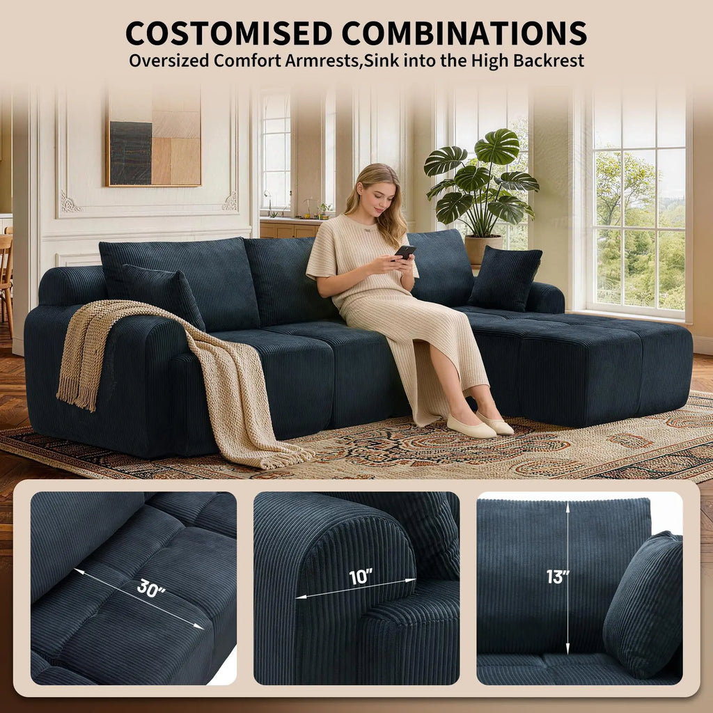 118'' Corduroy Modular Sofa, Deep Seat Compression Couch With Memory Foam