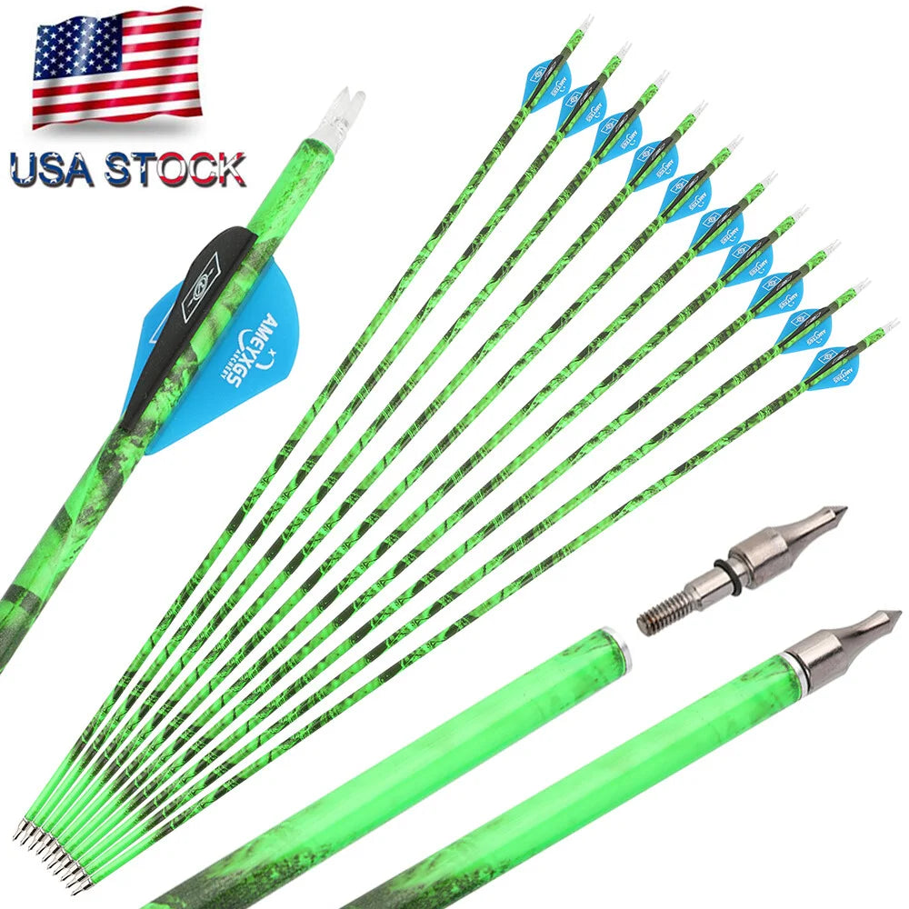 Archery Arrows 30 Inch Camo Mixed Carbon Spine 500 ID6.2mm with Rubber Vanes for Hunting