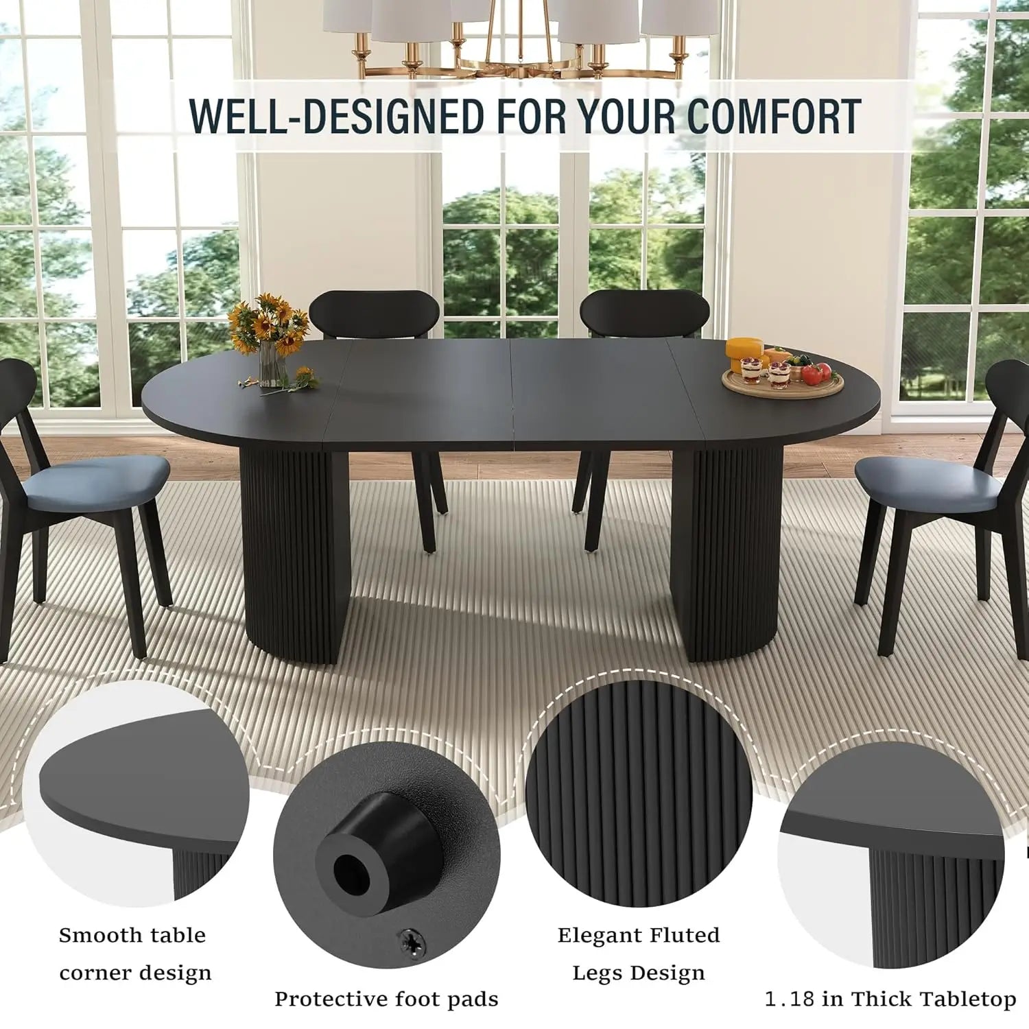 41-78" Modern Oval Extendable Dining Table with Stylish Fluted Base for 4-8 People