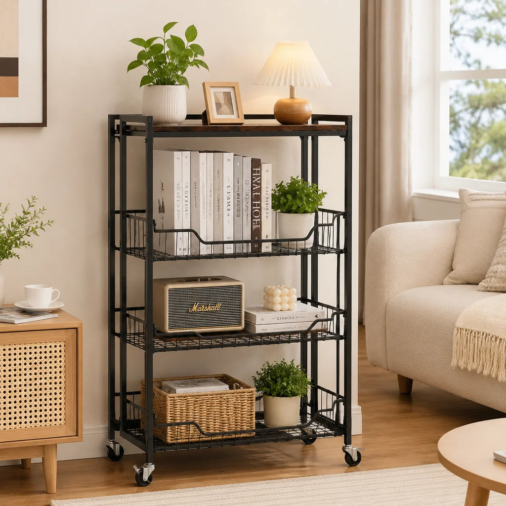 Large 4-Tier Foldable Storage Cart with Lockable Casters, 100 lbs. Capacity Expandable Kitchen Organizer