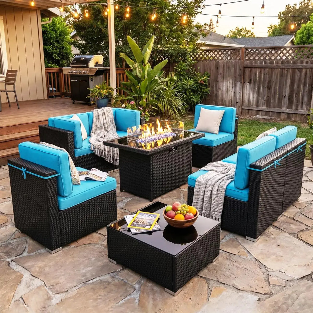 8 Pieces Outdoor Sectional Wicker Patio Furniture Set with 44" Propane Gas Fire Pit Table Customized