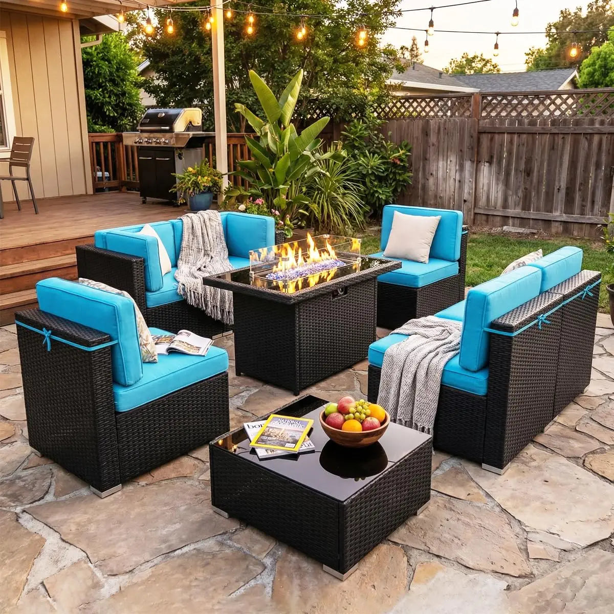 8 Pieces Outdoor Sectional Wicker Patio Furniture Set with 44" Propane Gas Fire Pit Table Customized