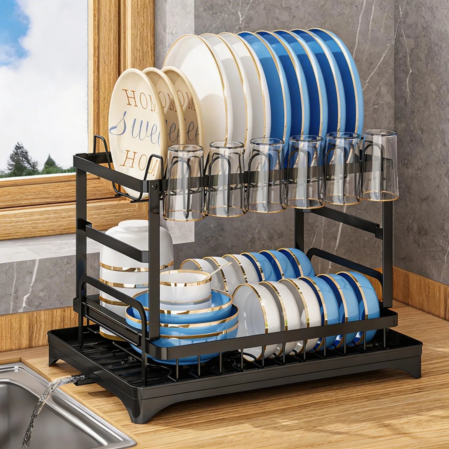 2-Tier Multifunctional Countertop Dish Organizer