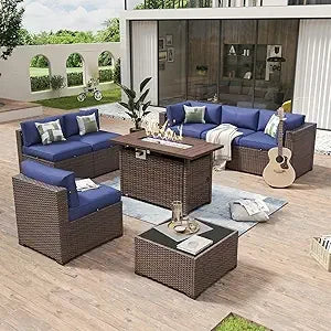 8 Piece Wicker Ratton Outdoor Sectional Patio Furniture Set with 44” Fire Pit Table