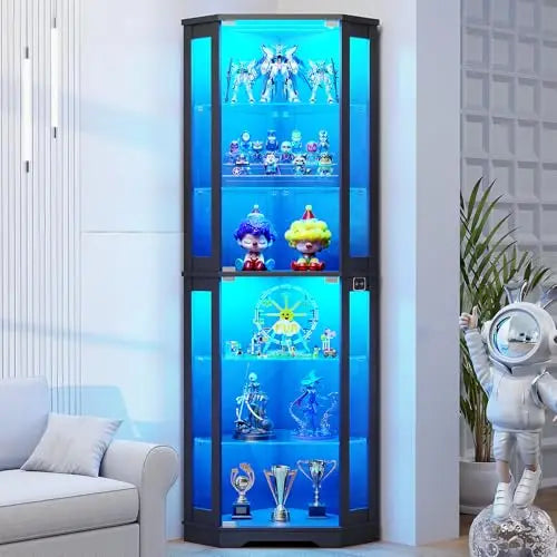 71" Curio Cabinet 6 Tier Shelves, 3 Color LED Lighting with Motion Detector