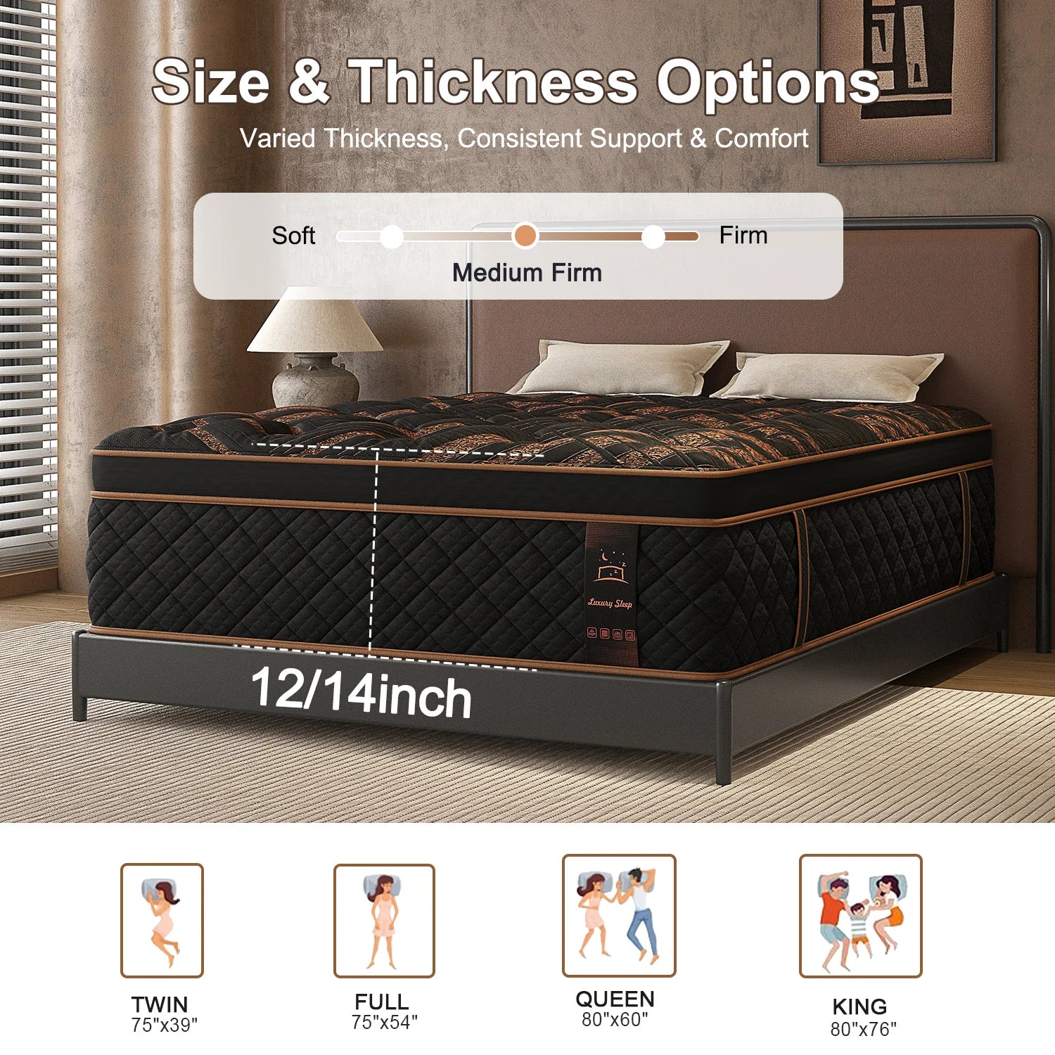 12/14"Hybrid Gel Memory Foam Mattress, Medium Firm, Motion Isolation