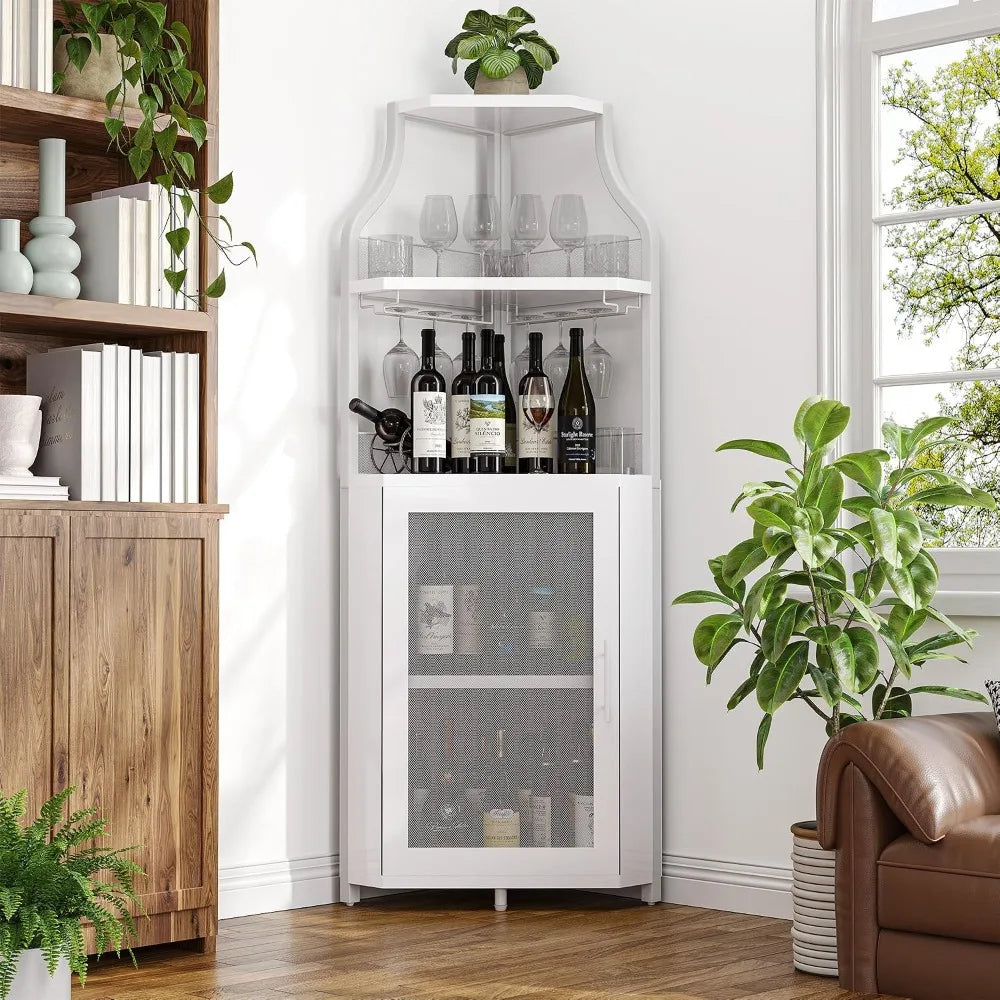 5-Tier Corner Wine Cabinet with Glass Holder, White