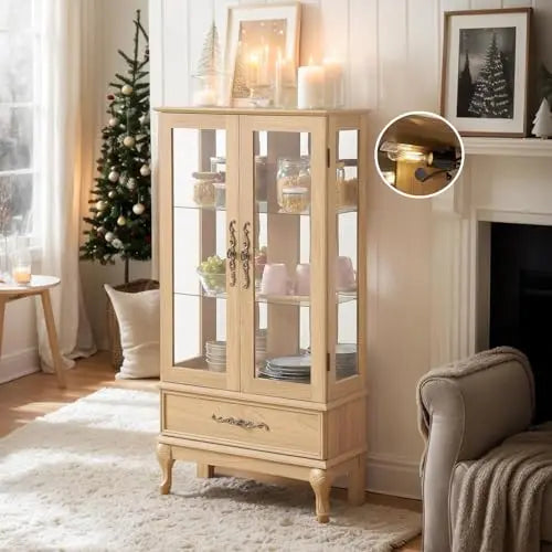 52" Lighted Accent Curio Cabinet, 3-Tier Antique Storage Cabinet with Tempered Glass Adjustable Shelves & Drawer